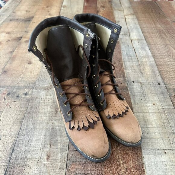 Texas Leather Manufacturing Shoes - Vintage Texas Leather Work Boots Size 7.5 M Brown Black Fringe Style 4464